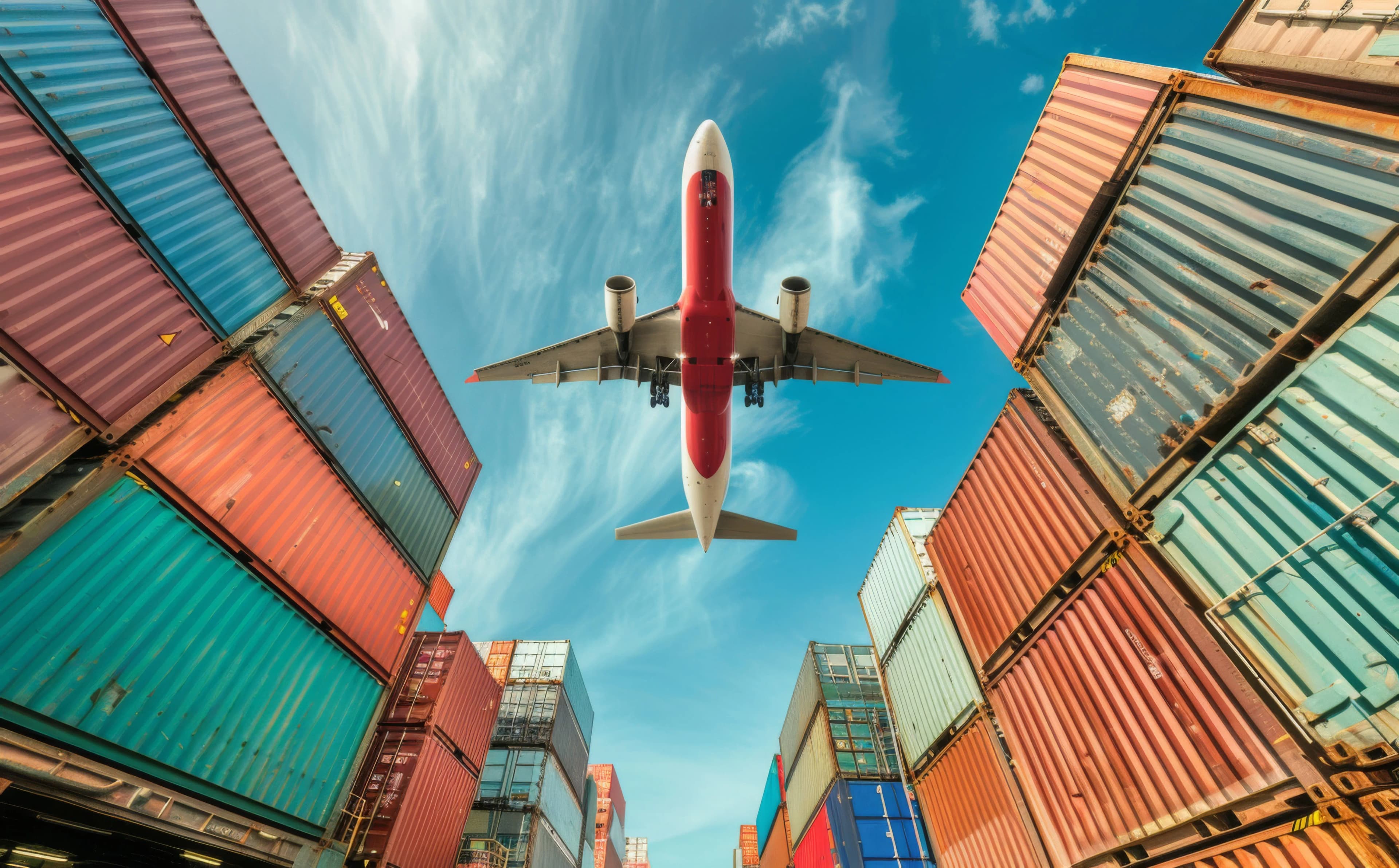 Avión sobrevolando containers de carga